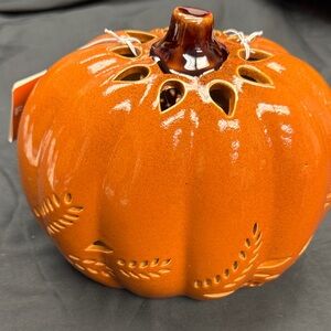Fall Fest Ceramic Orange Pumpkin Lantern LED ceramic